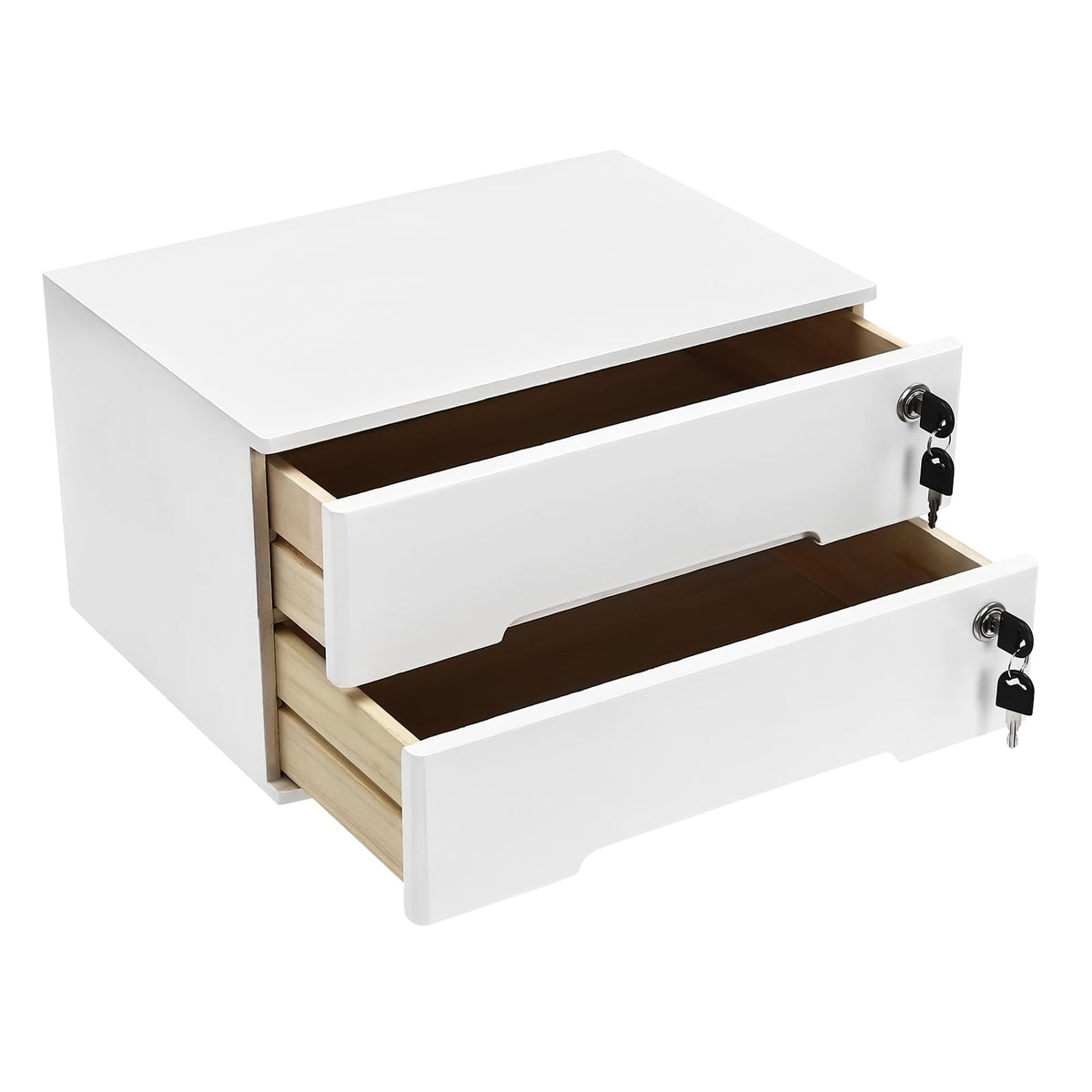 2-Tier Wooden Desktop Storage Box with Lockable Drawers, Flat File Cabinet Small Wooden Box Organizer for Office Supplies Installation-free, 15.75×11×8.66in (White)