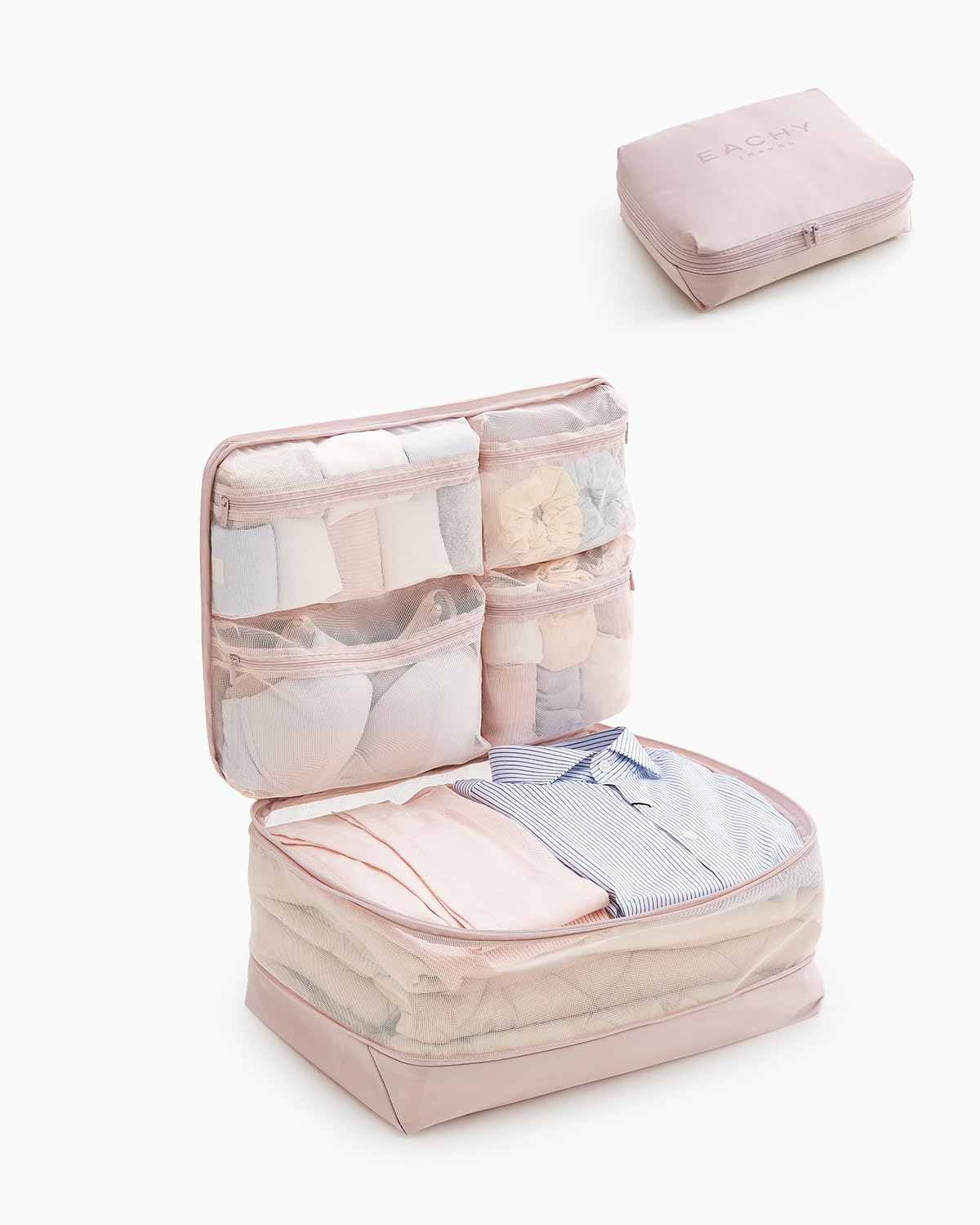 EACHY 5-in-1 Compression Packing Cube, Hanging Luggage Organizer with 4 Compartments for Clothes and Underwear, Machine Washable Travel Suitcase Accessories (Pink, Large)
