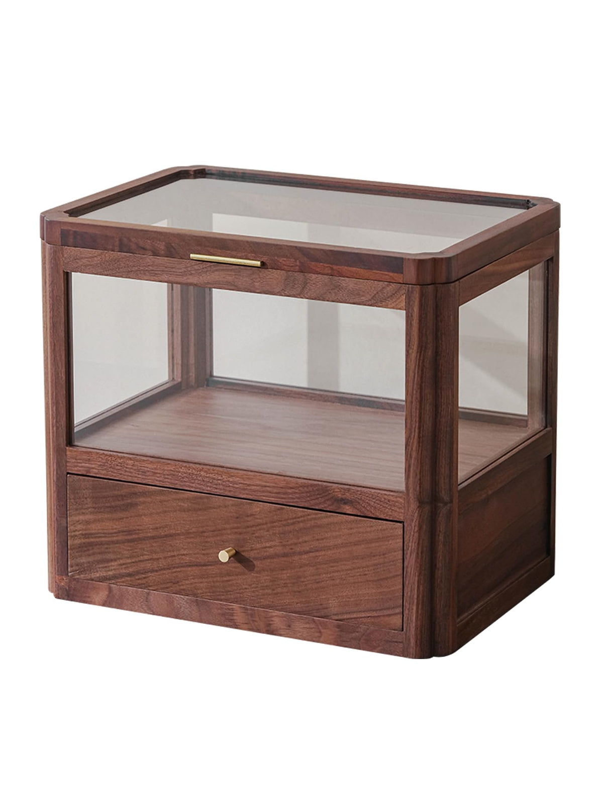 Walnut Wood & Glass Storage Cabinets Desktop Organizers Countertop with Drawers (SYJ-SCWD03)