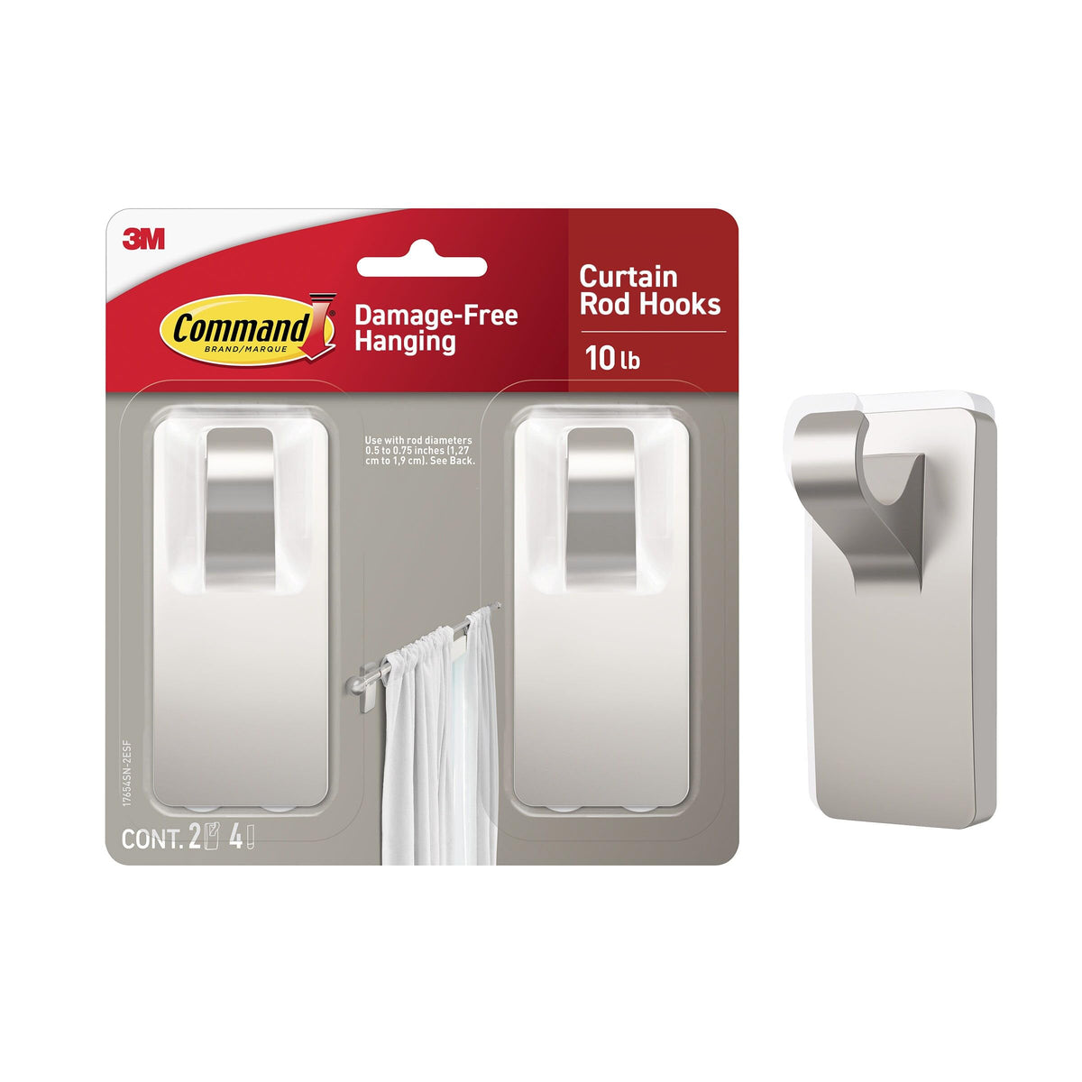 Command Medium Black Curtain Rod Hooks, 2 Hooks, 4 Strips