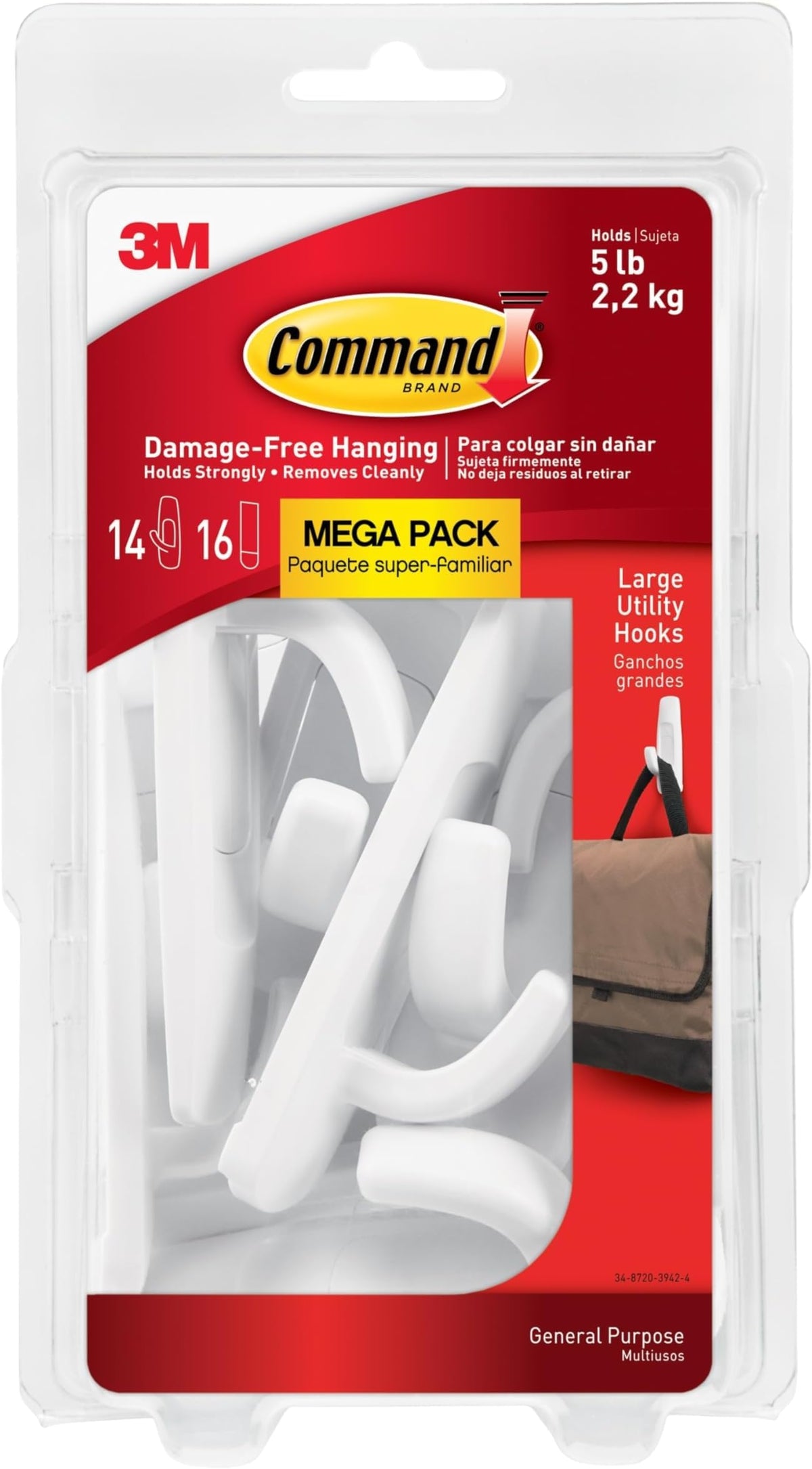 Command Large White Hooks, 14 Hooks, 16 Strips