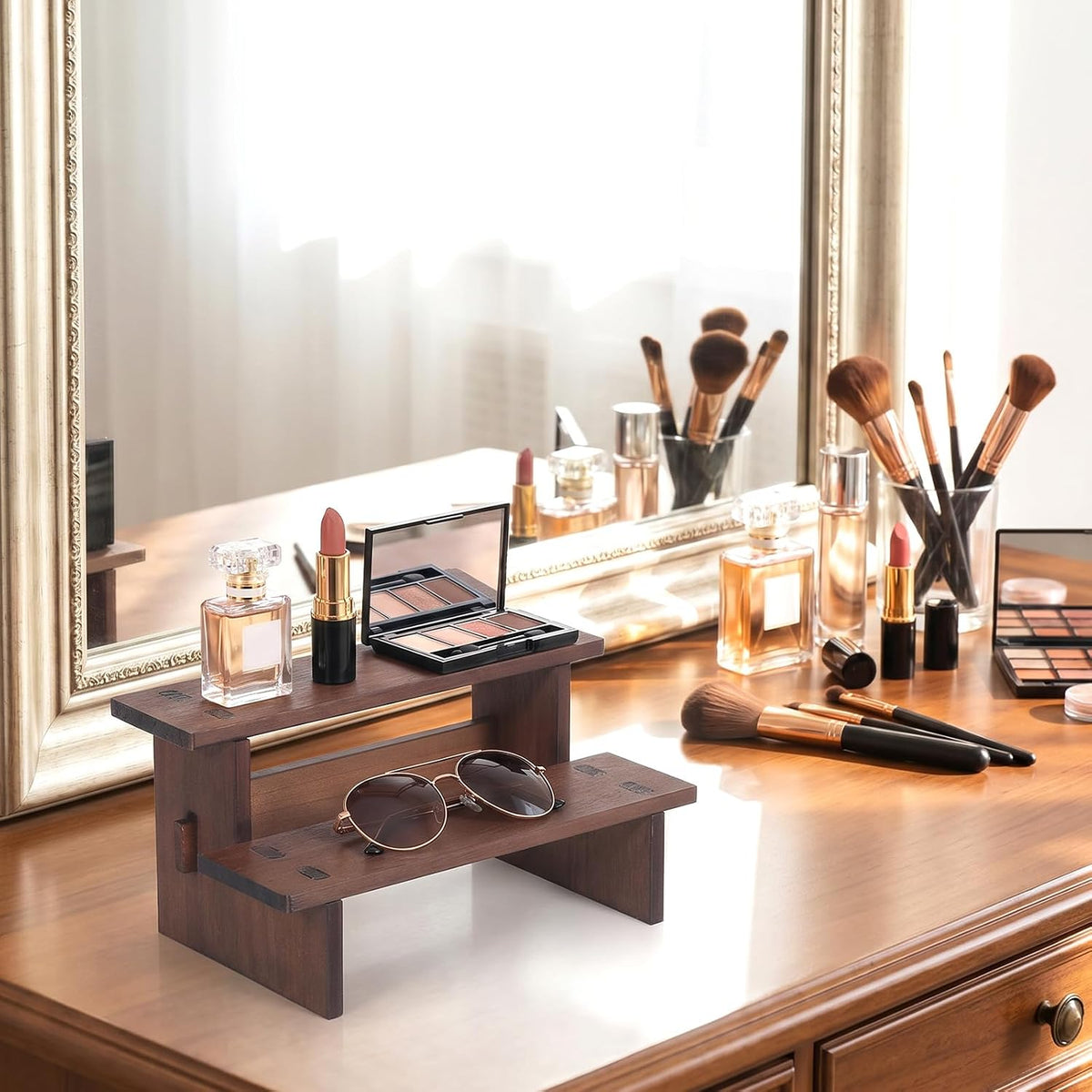 QfwdfcTrenz Wooden Countertop Shelf Organizer 2 Tier Wooden Shelf 6.4x4.69x3.9 Inch Small Organizer Dessert Stand Risers Fragrance Stand Wood Trinket Riser for Cosmetics Figure Collection