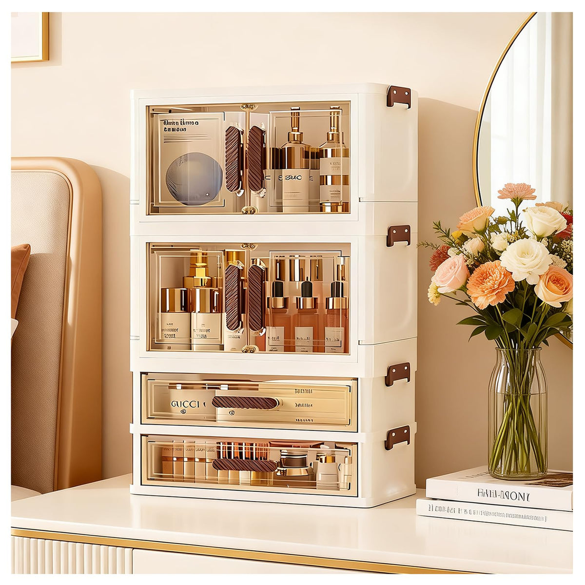 A stackable desktop organizer with drawers and compartments, ideal for storing cosmetics, beauty tools, jewelry, and school supplies in a student dorm. Features a convenient magnetic door handle.