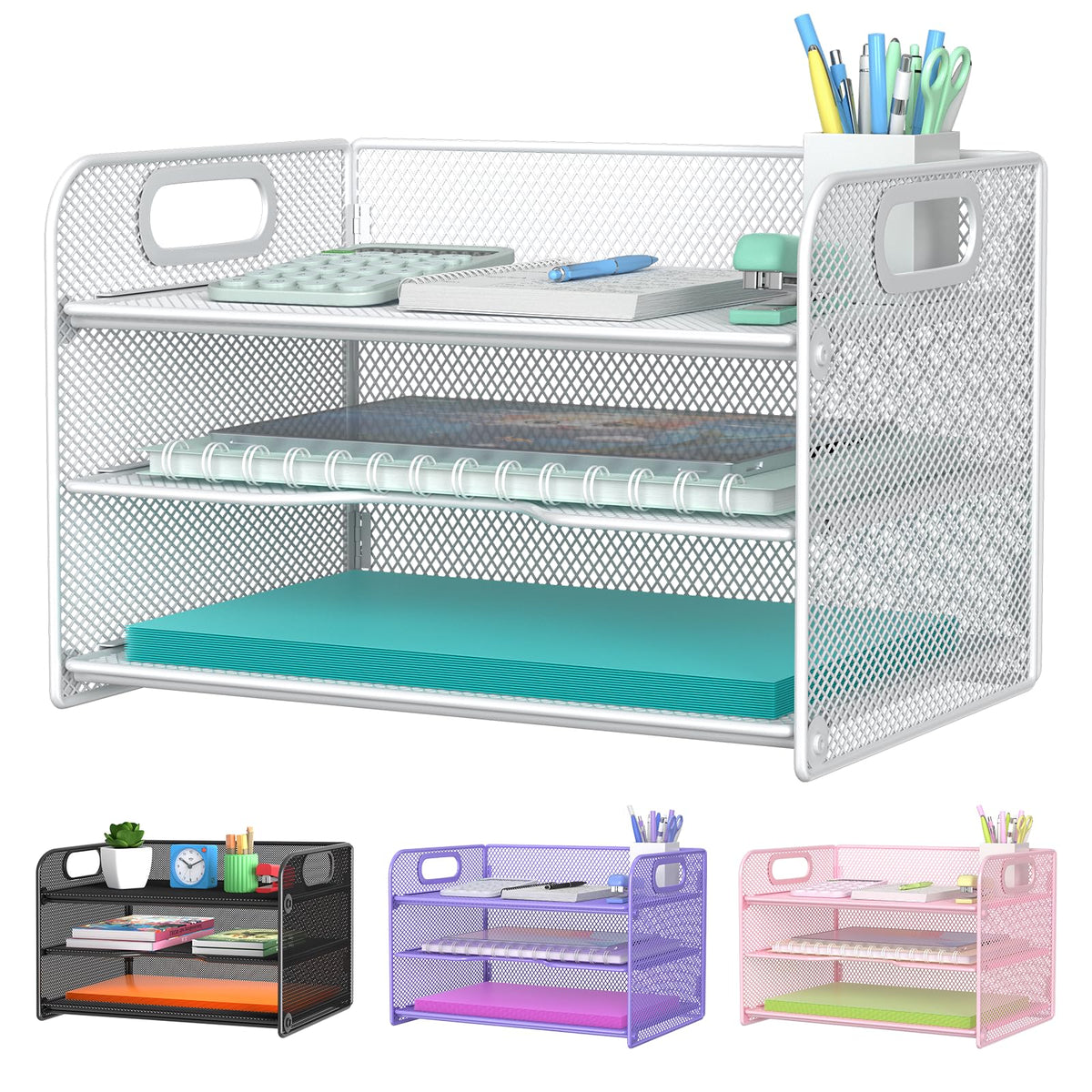 Samstar 3 Tier Pink Letter Tray Paper Organizer with Handle, Mesh Desk Organizer Paper Sorter File Rack Shelves, Pink