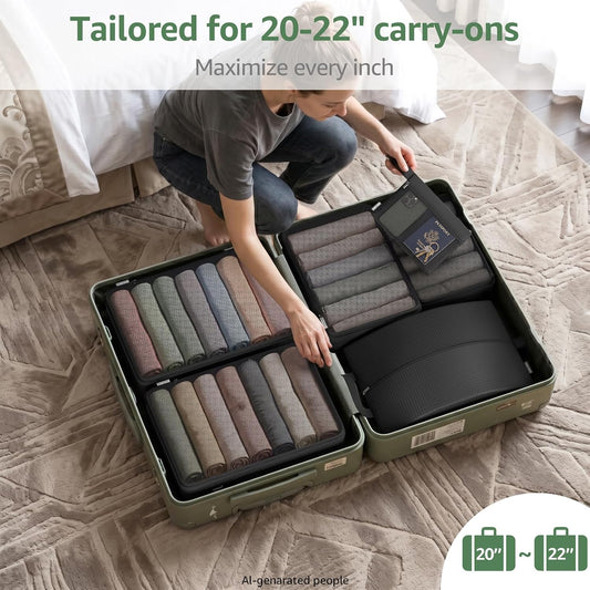 7 Set Compression Packing Cubes for Travel Essentials Luggage, Mesh Collapsible Packing Cubes for 20-22 inch Carry on Suitcase, Expandable Travel Packing Organizers with Shoe Laundry Bag(Black)