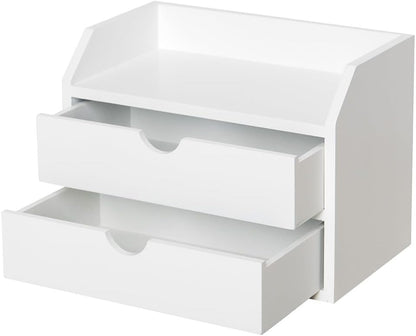 ROSE BLOOM White Wood Desk Organizer with 2 Drawers, Mini Cabinet with Storage Shelf for Tabletop, Small Box for Cosmetic Office Supplies