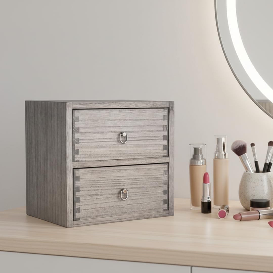 DDYURI Wooden Desktop Drawer Organizer Box 2-Tier Tabletop Storage Cabinet for Office Makeup Dressing Table Dark Brown