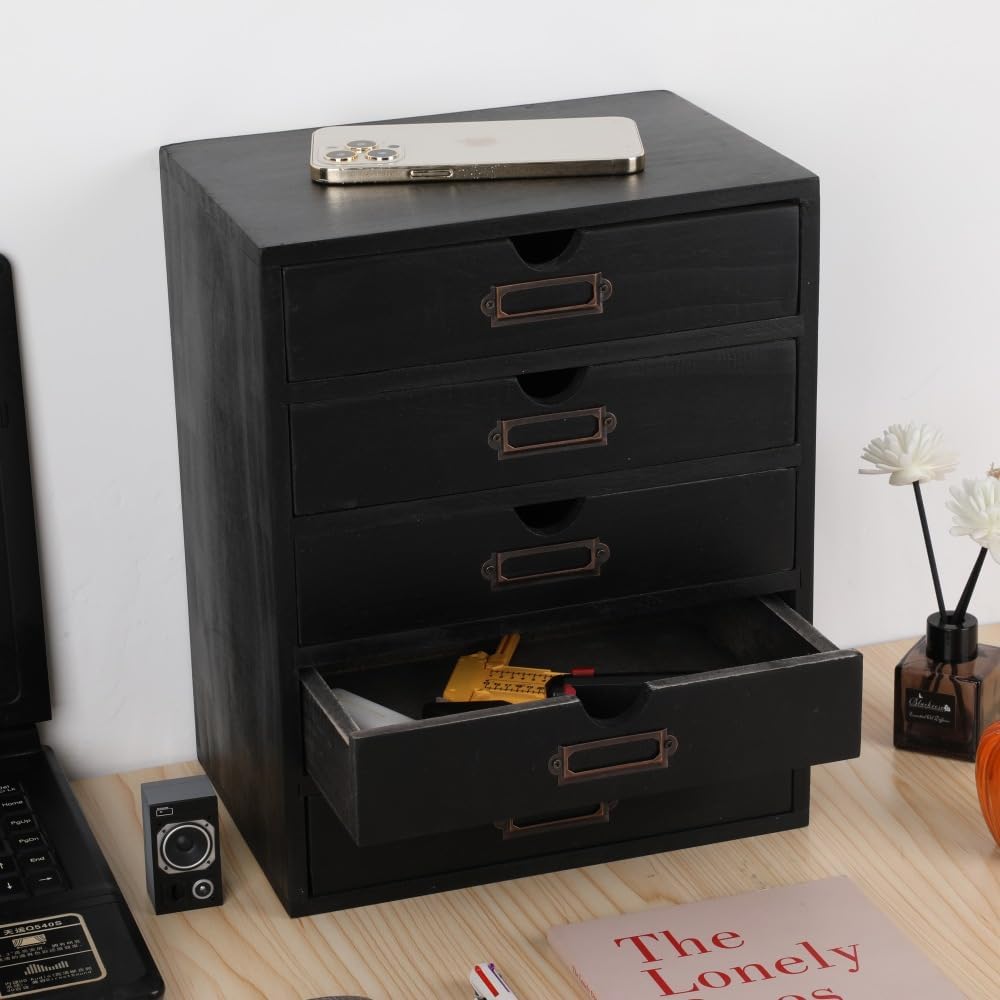 Small Wooden Drawers Wooden Box with Drawer, Black 5 Wood Drawer