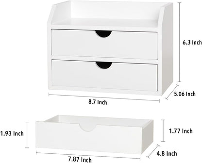 ROSE BLOOM White Wood Desk Organizer with 2 Drawers, Mini Cabinet with Storage Shelf for Tabletop, Small Box for Cosmetic Office Supplies