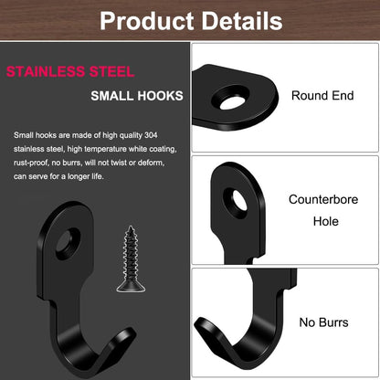 20Pcs Small J Hook Black 304 Stainless Steel Wall Mounted Mini Hook Hanger for Towel, Picture, Mirror, Key Chain, with Screws