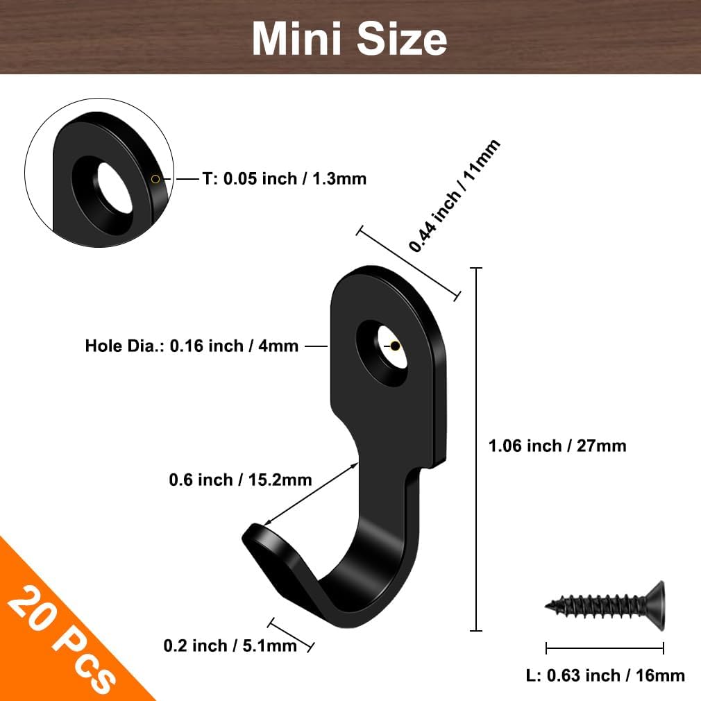 20Pcs Small J Hook Black 304 Stainless Steel Wall Mounted Mini Hook Hanger for Towel, Picture, Mirror, Key Chain, with Screws