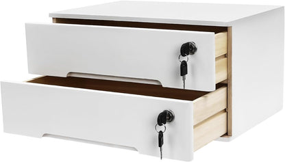 2-Tier Wooden Desktop Storage Box with Lockable Drawers, Flat File Cabinet Small Wooden Box Organizer for Office Supplies Installation-free, 15.75×11×8.66in (White)