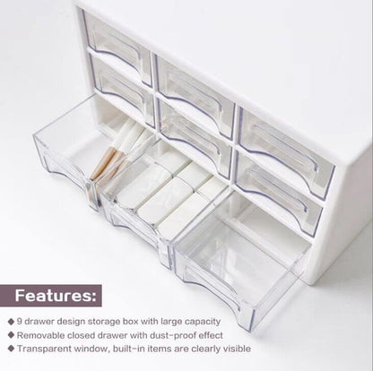 Desk Storage Organizer with 9 Drawers, MYKASEN Clear Plastic Storage Cabinet, Stackable Desk Storage Box for Makeup Office Craft Hardware Art Supplies, 9.8x6.3x5.9inch(White)