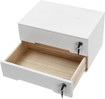 2-Tier Wooden Desktop Storage Box with Lockable Drawers, Flat File Cabinet Small Wooden Box Organizer for Office Supplies Installation-free, 15.75×11×8.66in (White)