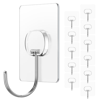 Adhesive Wall Hooks No Drill Clear Heavy Duty, 13LB Sticky 12 Pack