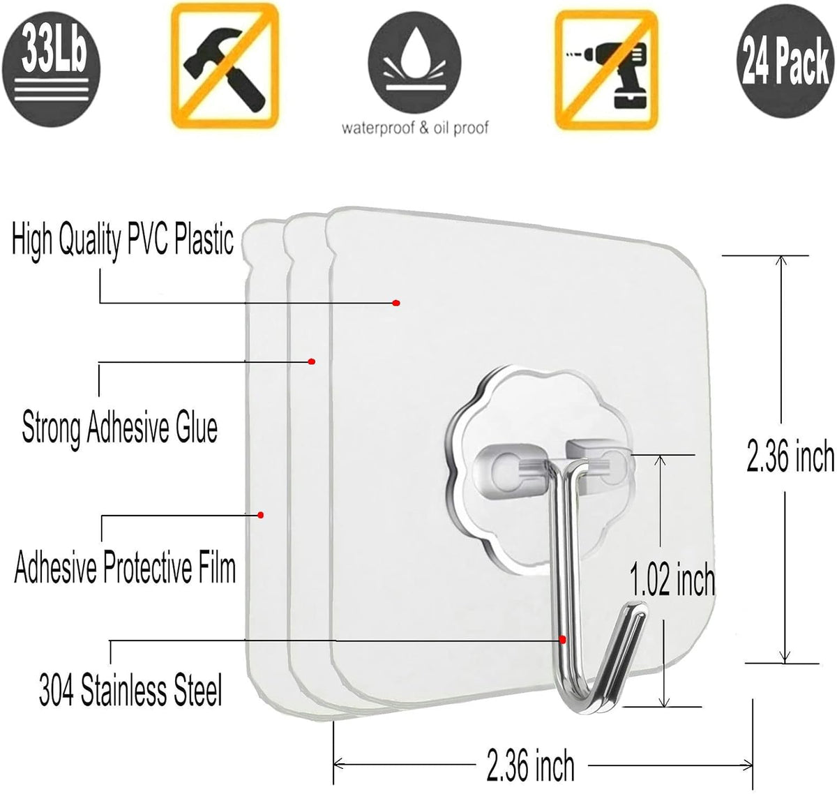 Jwxstore 24 Pack Adhesive Wall Hooks Clear 33LB Heavy Duty Sticky Hooks