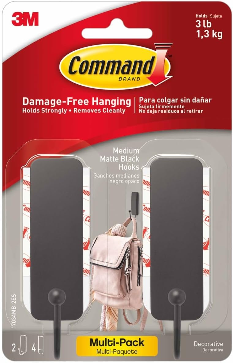 Command Medium Black Hooks, 2 Hooks, 4 Strips