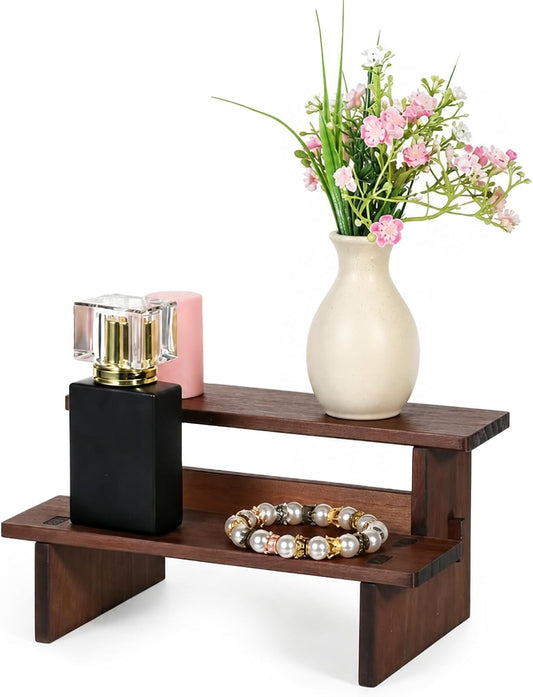 QfwdfcTrenz Wooden Countertop Shelf Organizer 2 Tier Wooden Shelf 6.4x4.69x3.9 Inch Small Organizer Dessert Stand Risers Fragrance Stand Wood Trinket Riser for Cosmetics Figure Collection
