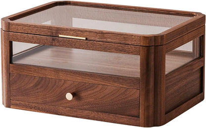 Walnut Wood & Glass Storage Cabinets Desktop Organizers Countertop with Drawers (SYJ-SCWD03)