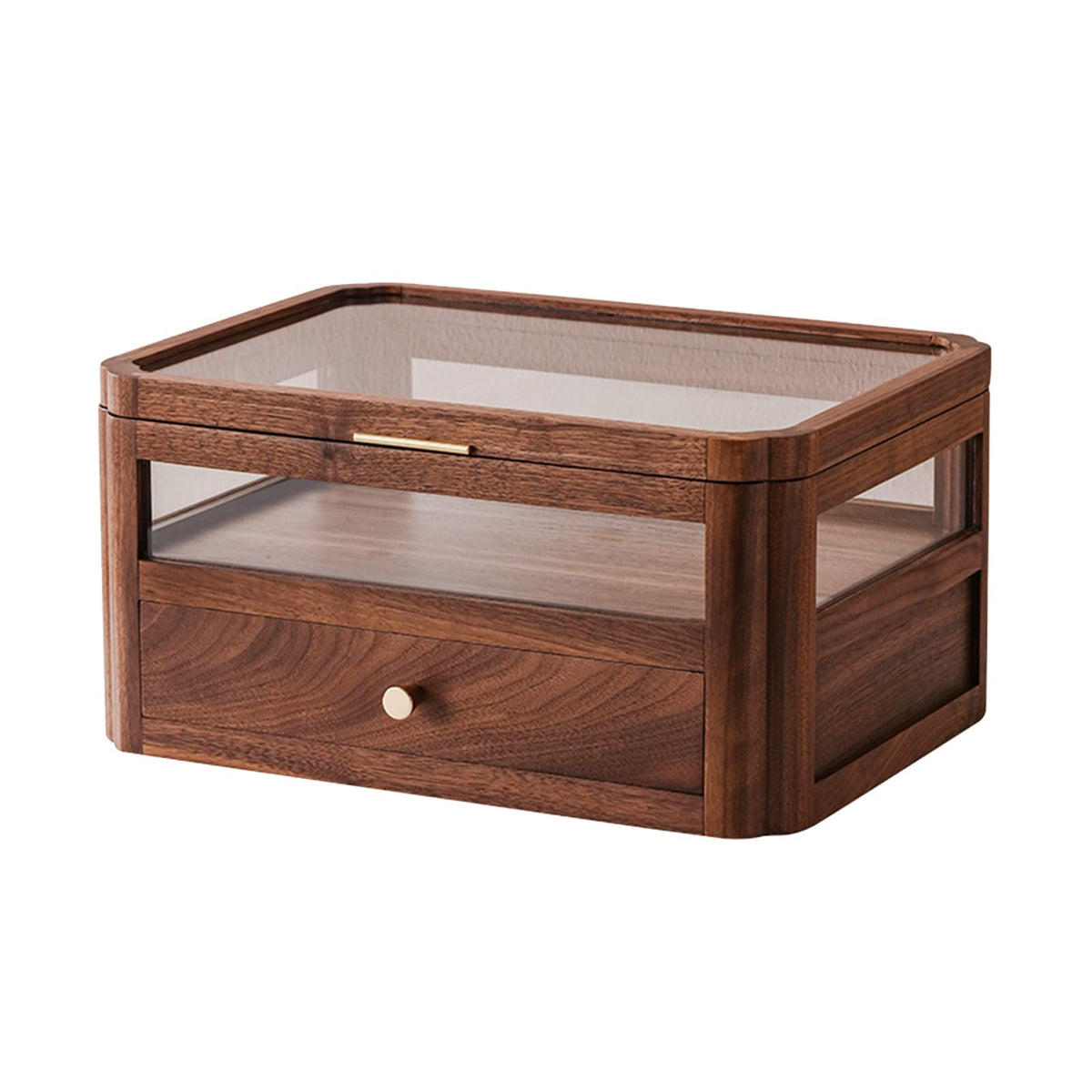 Walnut Wood & Glass Storage Cabinets Desktop Organizers Countertop with Drawers (SYJ-SCWD03)
