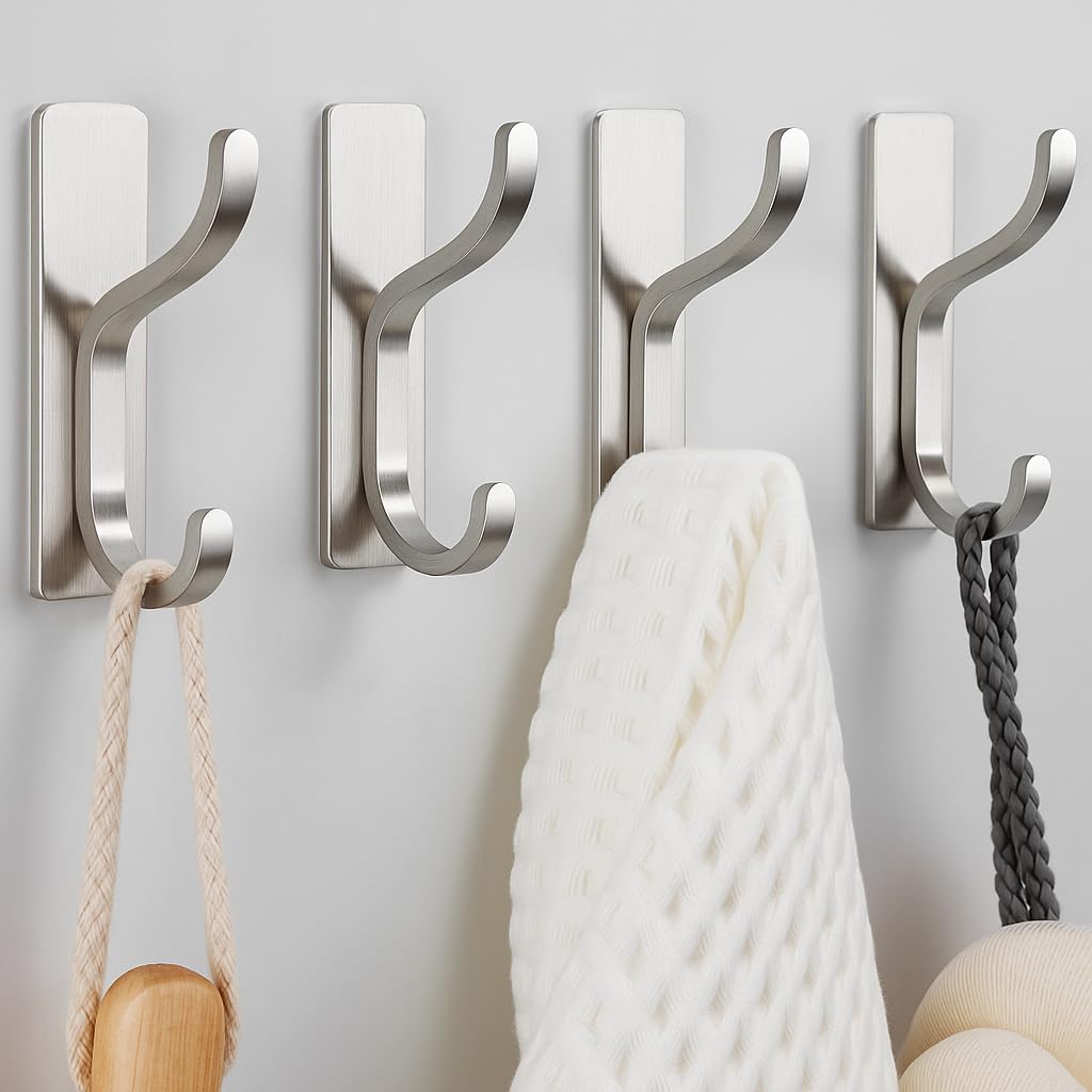 Adhesive Wall Hooks for Towel/Coat,13Lb Strong Stick-On Hooks, Black 4 Pack