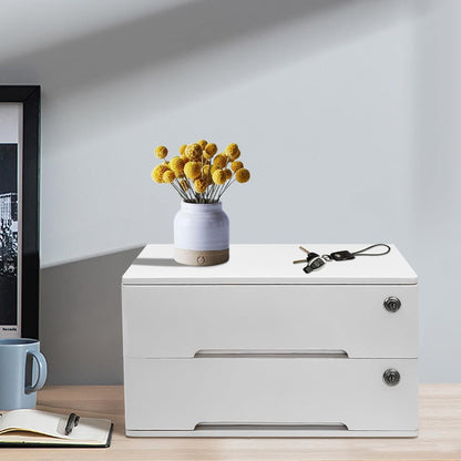 2-Tier Wooden Desktop Storage Box with Lockable Drawers, Flat File Cabinet Small Wooden Box Organizer for Office Supplies Installation-free, 15.75×11×8.66in (White)