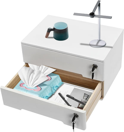 Wooden Desktop Storage Box with Lockable Drawers,2 Drawer Desktop Organizer Cabinet,Flat File Cabinet,Countertop Storage Cabinet for Office Home Toiletries Supplies Vanity (White 2 locks)