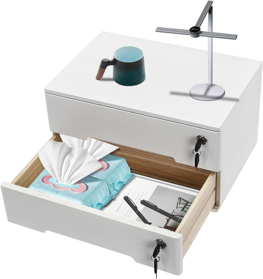 Wooden Desktop Storage Box with Lockable Drawers,2 Drawer Desktop Organizer Cabinet,Flat File Cabinet,Countertop Storage Cabinet for Office Home Toiletries Supplies Vanity (White 2 locks)