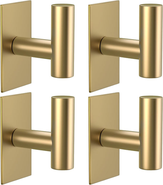 VAEHOLD Wall Towel Hooks, Heavy Duty Sticky Holder Waterproof Towel Hooks for Hanging Coat, Clothes, Closet Hook Wall Mount for Kitchen (Gold, 4 Pack)
