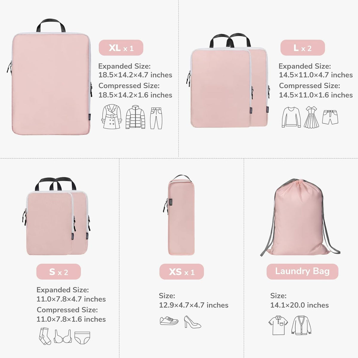 CherryNow 7 Set Compression Travel Packing Cubes, Travel Essentials, Pink