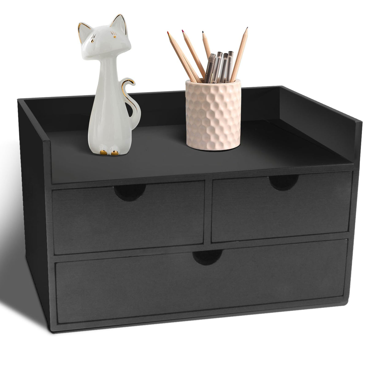 Charmewooden Bamboo Desk Organizer with 3 Drawers, Countertop Organizer with Drawers Makeup Storage Drawer 3 Drawer Tabletop Storage Organization Box Home Office Workspace（Black）