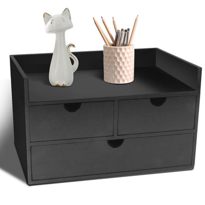 Charmewooden Bamboo Desk Organizer with 3 Drawers, Countertop Organizer with Drawers Makeup Storage Drawer 3 Drawer Tabletop Storage Organization Box Home Office Workspace（Black）