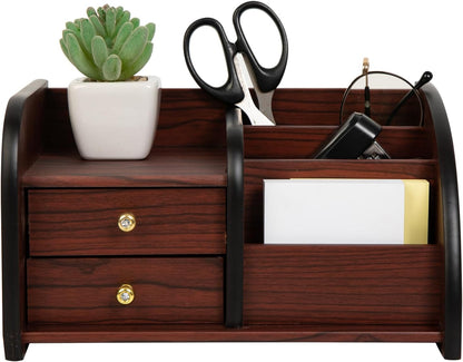 Cherry Brown Wood Desktop Organizer – Multiple Compartments with 2 Drawers & Stepped Racks – Tabletop Storage Cabinet for Office Supplies, Stationery, and Home Accessories