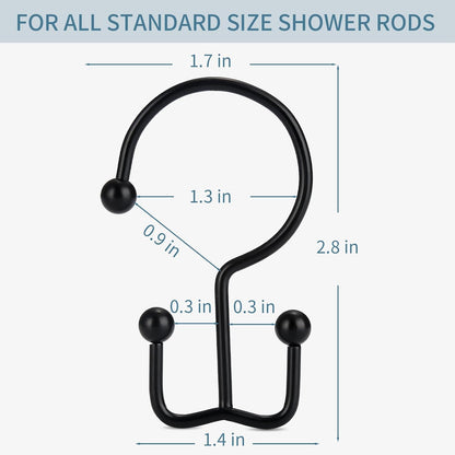 Goowin Shower Curtain Hooks, 12 Pcs Shower Curtain Rings, Durable Rust Proof Black Shower Curtain Hooks, Shower Rings for Curtain, Double Glide Shower Hooks for Shower Curtain Rods, Black