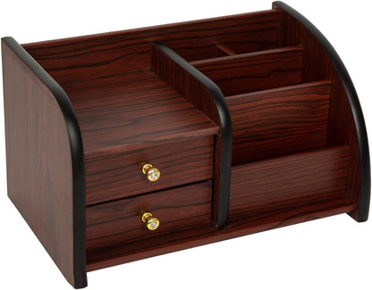 Cherry Brown Wood Desktop Organizer – Multiple Compartments with 2 Drawers & Stepped Racks – Tabletop Storage Cabinet for Office Supplies, Stationery, and Home Accessories