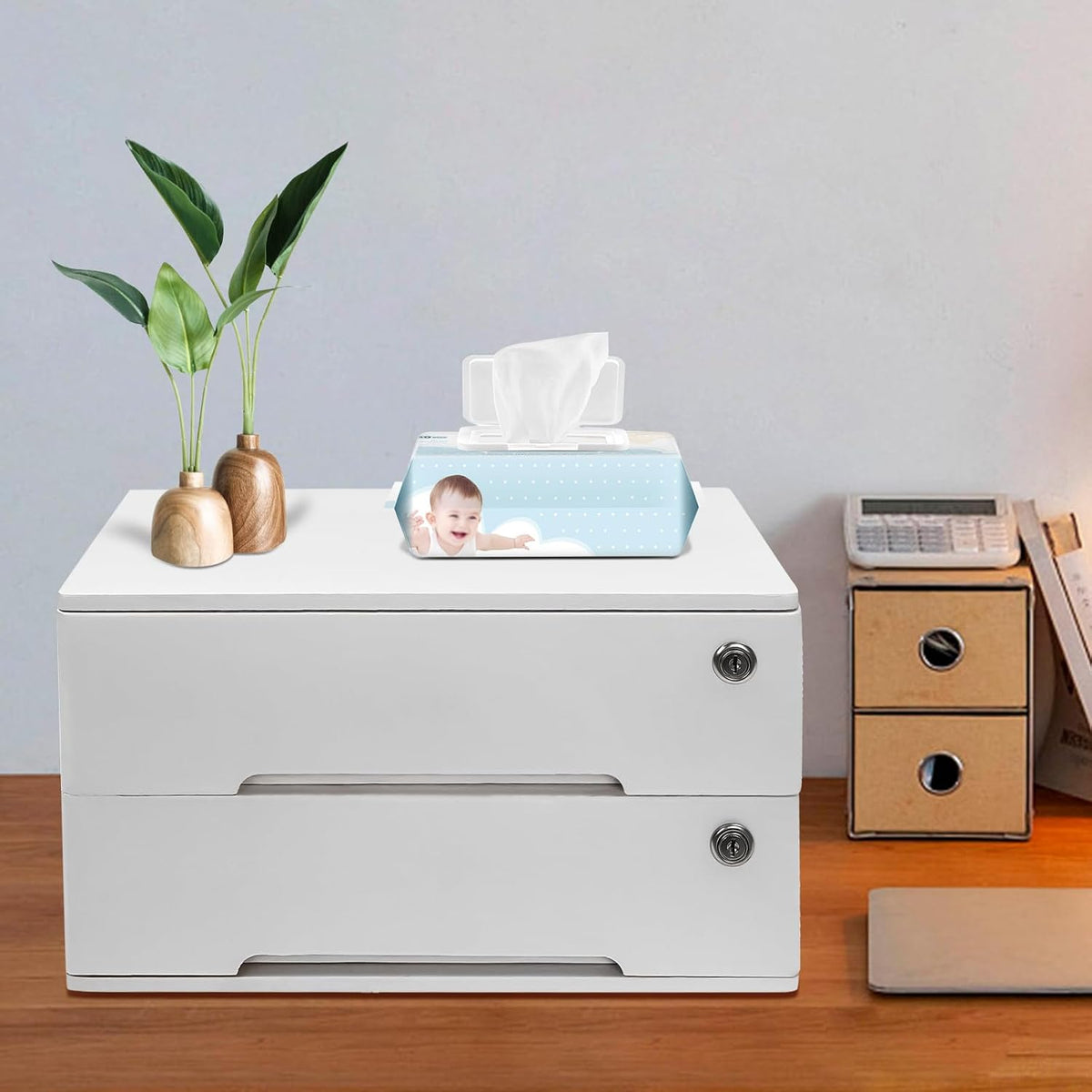 Wooden Desktop Storage Box with Lockable Drawers,2 Drawer Desktop Organizer Cabinet,Flat File Cabinet,Countertop Storage Cabinet for Office Home Toiletries Supplies Vanity (White 2 locks)