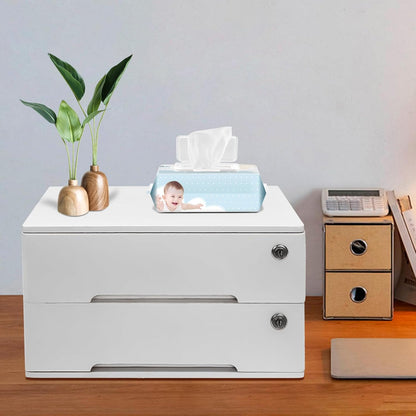 Wooden Desktop Storage Box with Lockable Drawers,2 Drawer Desktop Organizer Cabinet,Flat File Cabinet,Countertop Storage Cabinet for Office Home Toiletries Supplies Vanity (White 2 locks)