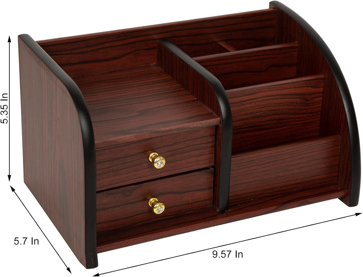 Cherry Brown Wood Desktop Organizer – Multiple Compartments with 2 Drawers & Stepped Racks – Tabletop Storage Cabinet for Office Supplies, Stationery, and Home Accessories