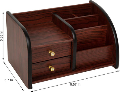 Cherry Brown Wood Desktop Organizer – Multiple Compartments with 2 Drawers & Stepped Racks – Tabletop Storage Cabinet for Office Supplies, Stationery, and Home Accessories