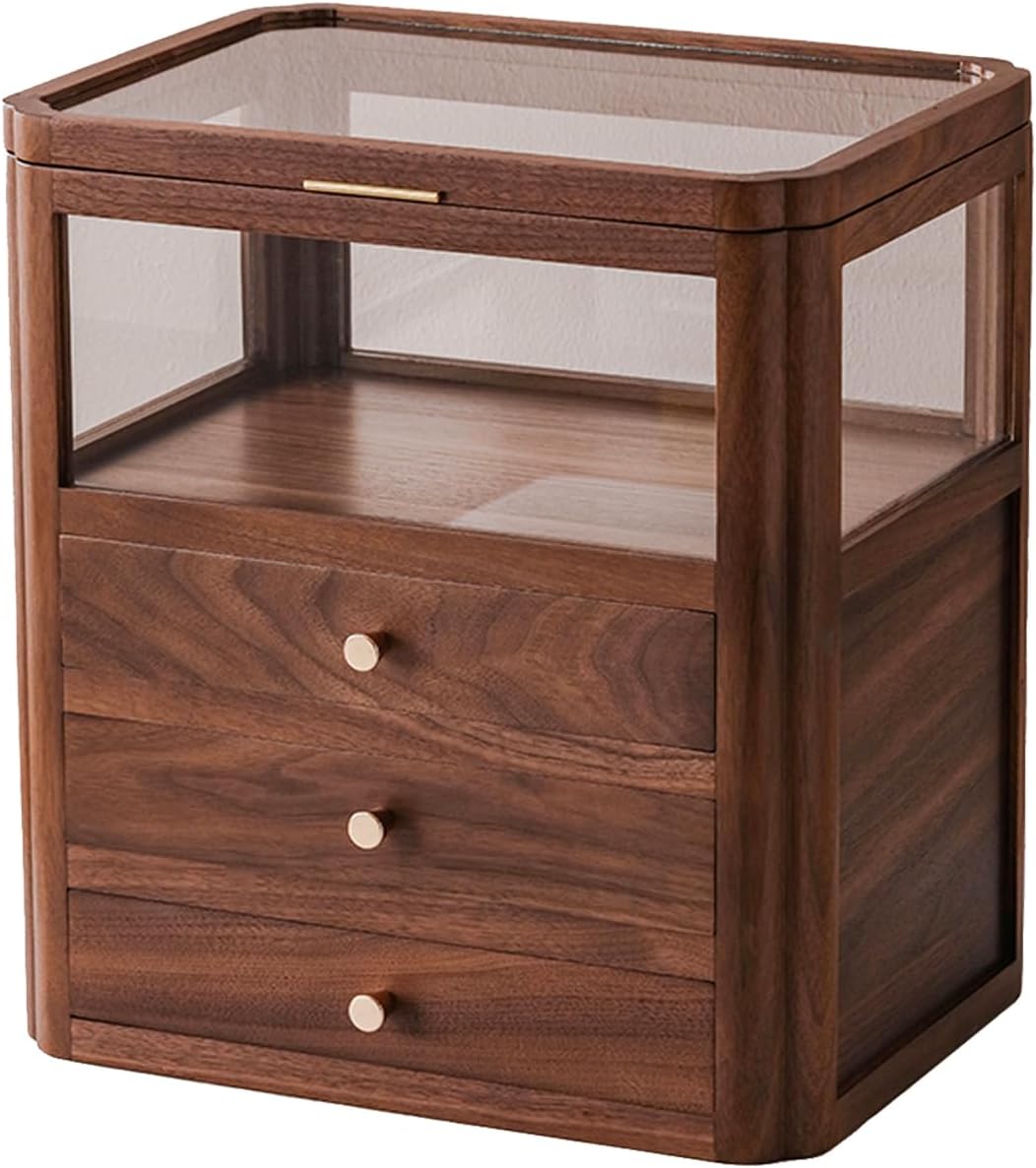 Walnut Wood & Glass Storage Cabinets Desktop Organizers Countertop with Drawers (SYJ-SCWD03)