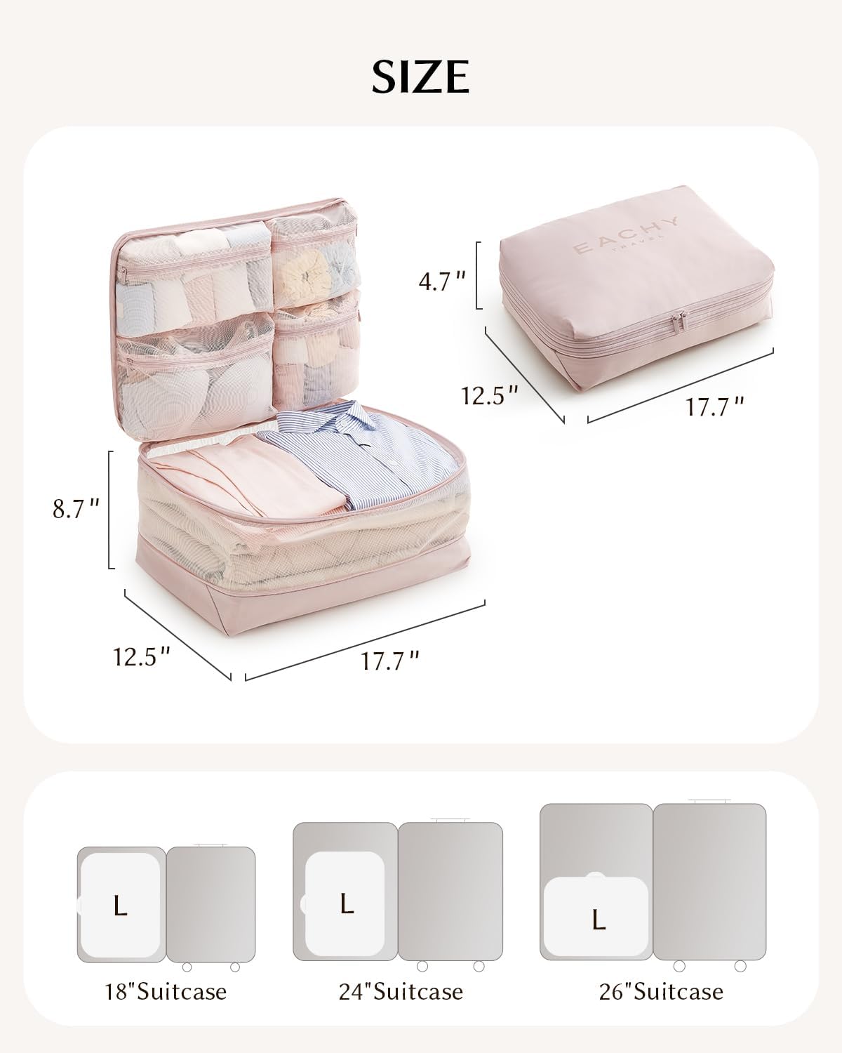 EACHY 5-in-1 Compression Packing Cube, Hanging Luggage Organizer with 4 Compartments for Clothes and Underwear, Machine Washable Travel Suitcase Accessories (Pink, Large)