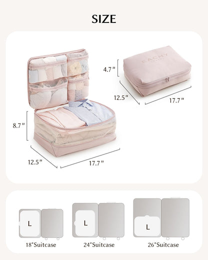 EACHY 5-in-1 Compression Packing Cube, Hanging Luggage Organizer with 4 Compartments for Clothes and Underwear, Machine Washable Travel Suitcase Accessories (Pink, Large)