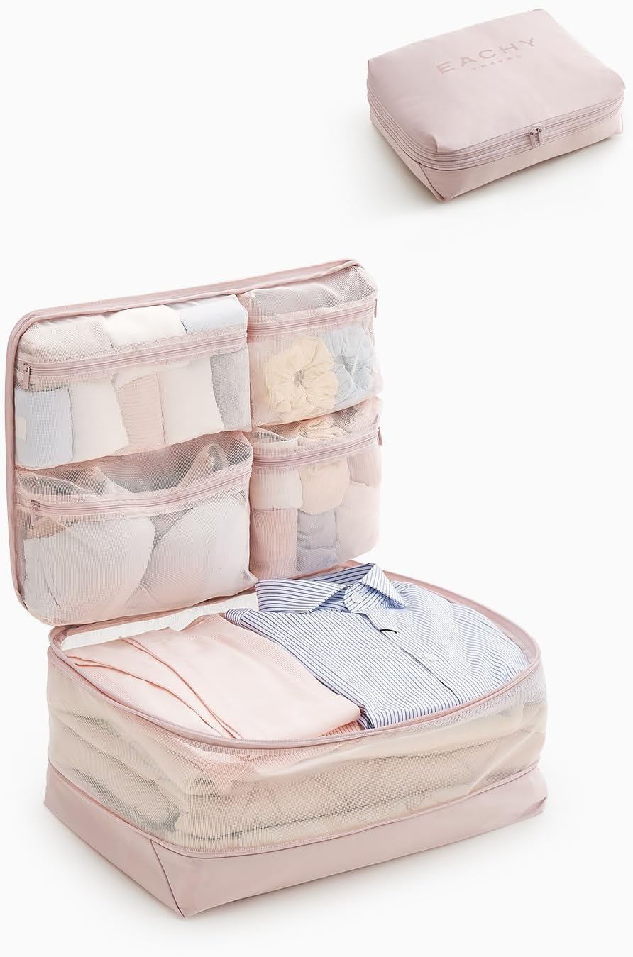 EACHY 5-in-1 Compression Packing Cube, Hanging Luggage Organizer with 4 Compartments for Clothes and Underwear, Machine Washable Travel Suitcase Accessories (Pink, Large)