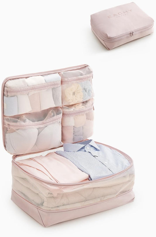 EACHY 5-in-1 Compression Packing Cube, Hanging Luggage Organizer with 4 Compartments for Clothes and Underwear, Machine Washable Travel Suitcase Accessories (Pink, Large)