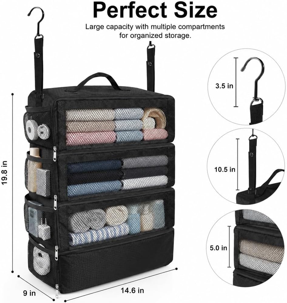Suitcase Organizer, Portable Travel Shelves Collapsible Hanging Packing Cubes for Suitcase, Travel Bags Organizer for Luggage Compression Carry-On Closet
