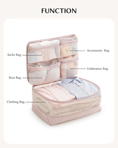 EACHY 5-in-1 Compression Packing Cube, Hanging Luggage Organizer with 4 Compartments for Clothes and Underwear, Machine Washable Travel Suitcase Accessories (Pink, Large)