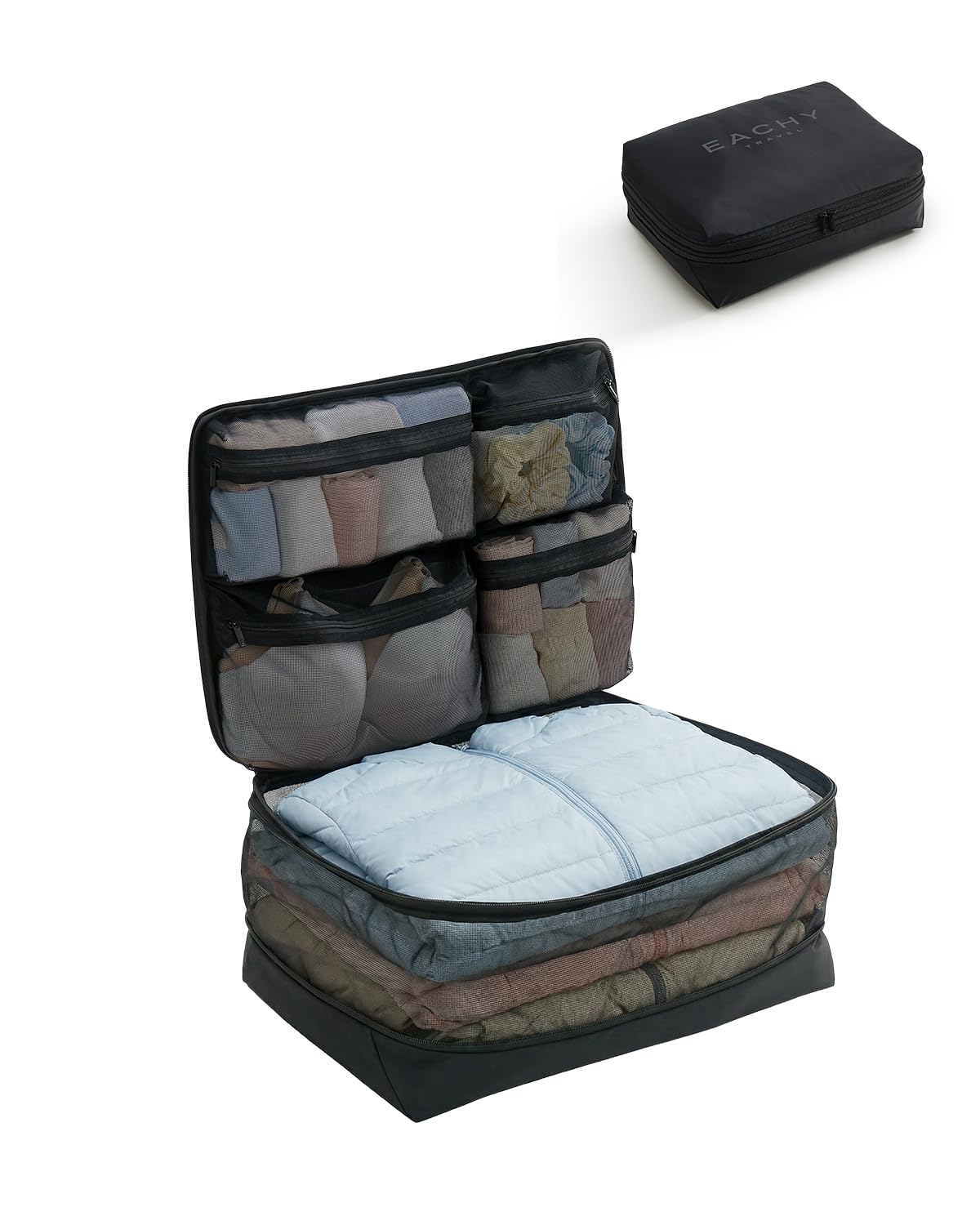EACHY 5-in-1 Compression Packing Cube, Hanging Luggage Organizer with 4 Compartments for Clothes and Underwear, Machine Washable Travel Suitcase Accessories (Pink, Large)
