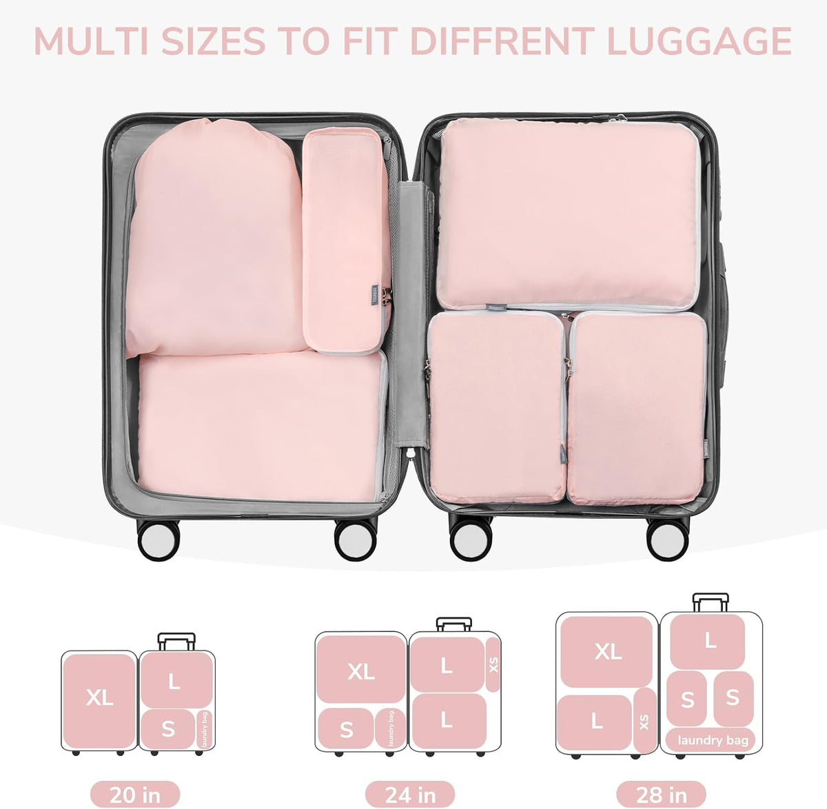 CherryNow 7 Set Compression Travel Packing Cubes, Travel Essentials, Pink