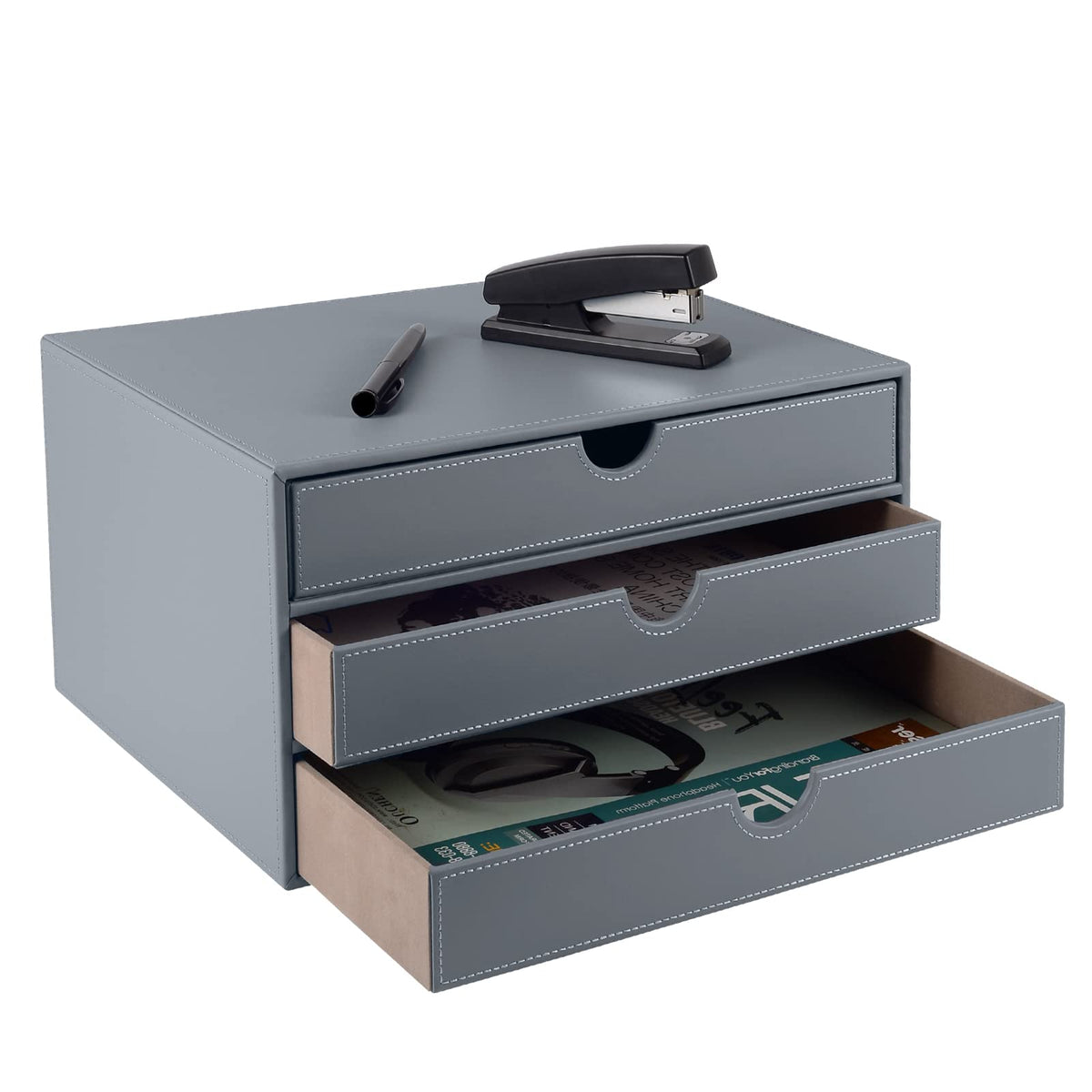 PU Leather Desk Organizer with 3 Drawers,Executive Office Supplies Desktop Filing A4 File Cabinet/Holder for Jewelry/Bill/Paper/Documents/Makeup Home Decor Stationery Storage Box,Brown