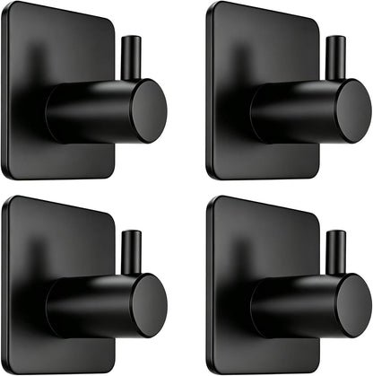Fotosnow Black Adhesive Towel Hooks Heavy Duty Stick on Wall Hooks Shower Hooks for Bathroom Kitchen Door-4 Packs